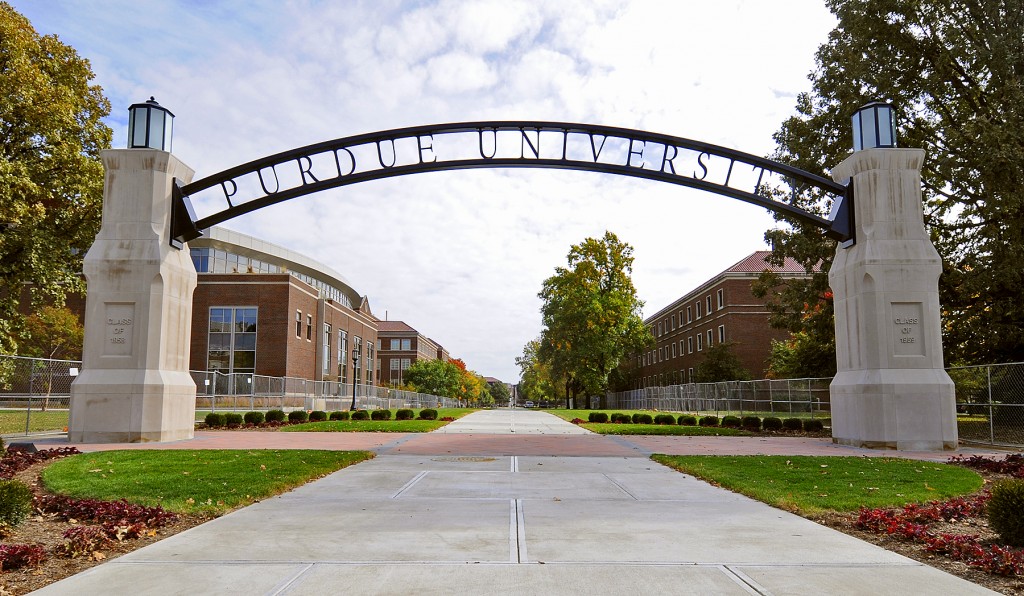 The Gateway to the Future arch, located near Stadium Avenue between the Neil Armstrong Hall of Engineering and civil engineering building, is a gift to the university from the classes of 1958 and 1959. The classes raised $550,000 to create the arch as well as an additional $175,000 for student scholarships to commemorate the 50th anniversary of the graduation of both classes from Purdue. (Purdue News Service photo/Andrew Hancock)