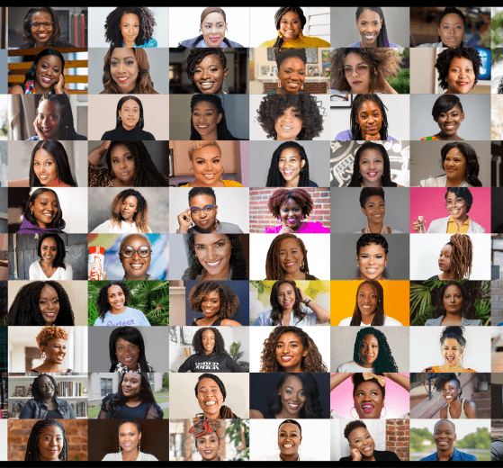 The image shows headshots of 100 women.