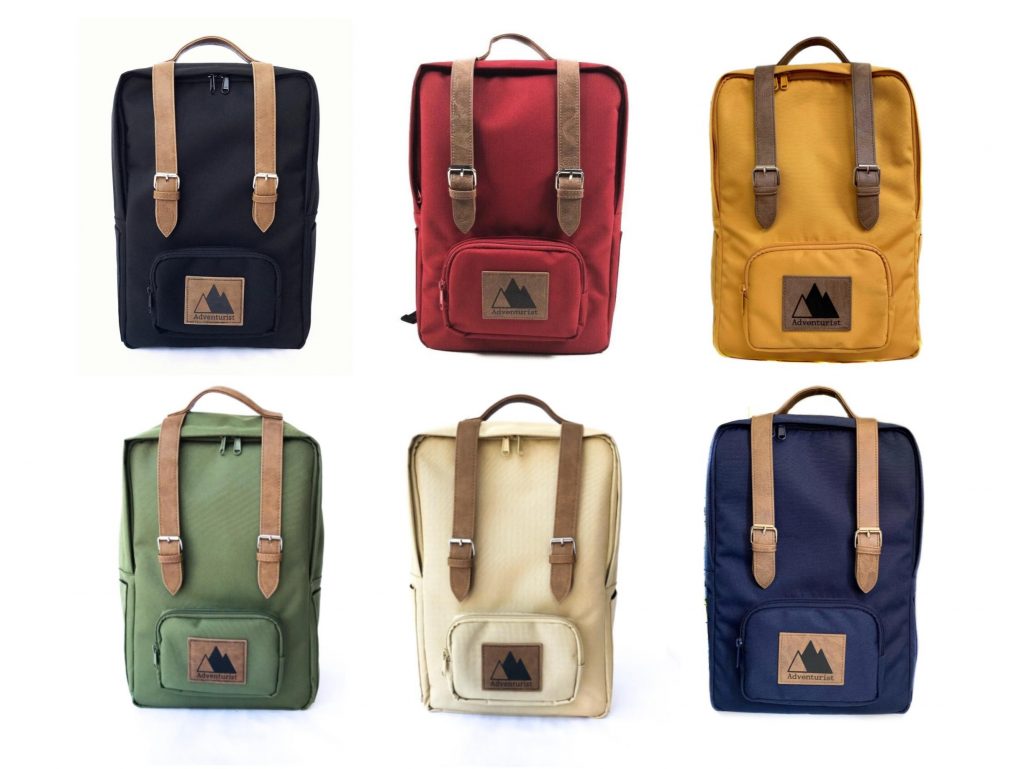 The image shows six backpacks, all in different colors.