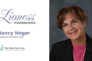 A graphic of Nancy Nager, the featured Lioness Powerbroker