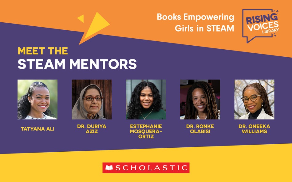 A list of the mentors for the Rising Voices program: Tatyana Ali, Dr. Duriya Aziz, Estephanie Mosquera-Ortiz, Dr. Ronke Olabisi, and Dr. Oneeka Williams. Each women has a career in a science, technology, engineering, art, or math related field, and all women, except Dr. Aziz, who is Arab and wears a hijab, are Black. 