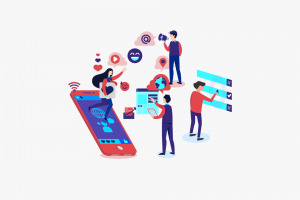 A vector graphic showing employees using social media and phones