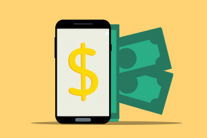 A graphic of a cell phone with a money symbol and dollar bills coming out of the side. It represents the money from accelerators and grants for female entrepreneurs