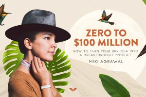 Profile view of Miki Agarwal in front of an illustrated background of colorful birds