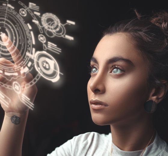 Am edited photo of a woman touching circles, representing the user experience