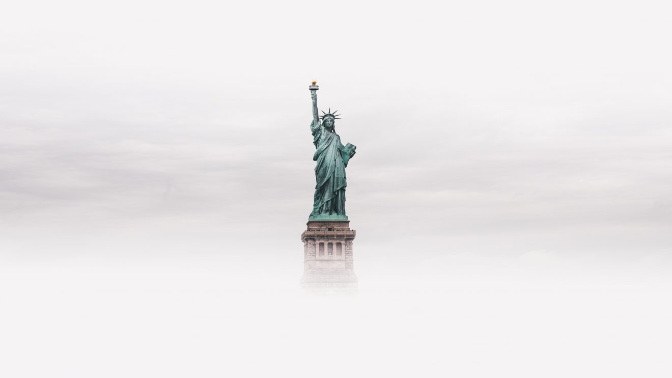 Statue of liberty ensconced in fog