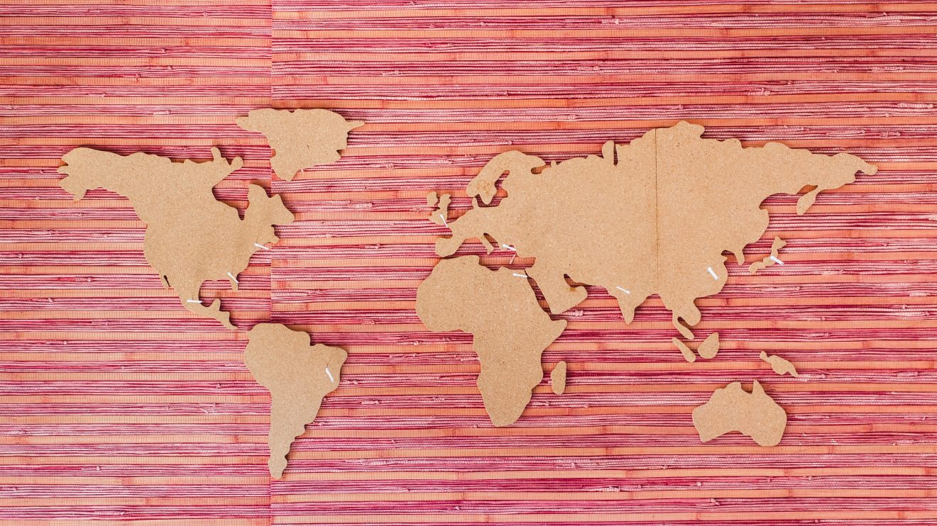 World map against a pink wall, representing global women's entrepreneurship