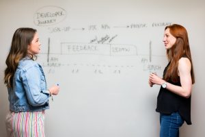 Two women brainstorming at a whiteboard, representing people pursuing entrepreneurship during The Great Resignation