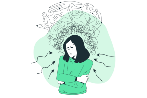 A drawning of a woman looking nervous and struggling with imposter syndrome