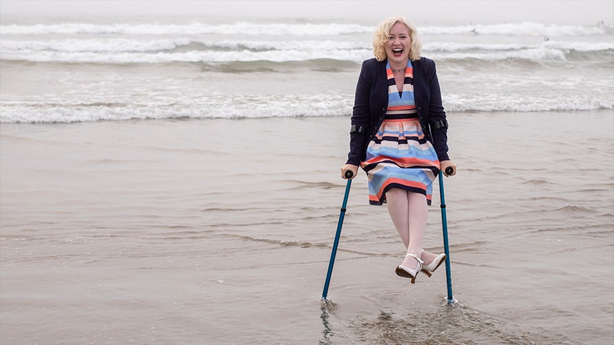 Amy Balancing on Crutches in Morro Bay Amy Graves